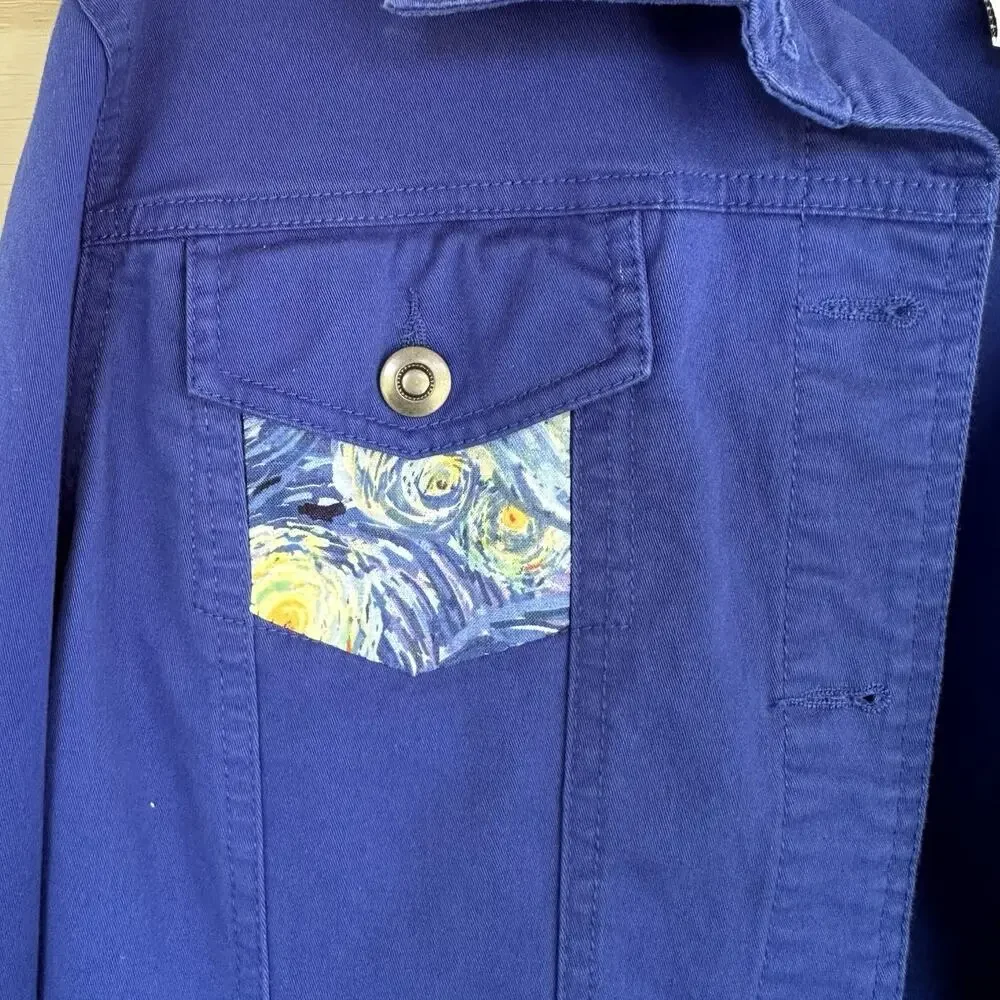 Royal Blue Upcycled Womens Jean Jacket Starry Night Size 10 Ruby Red